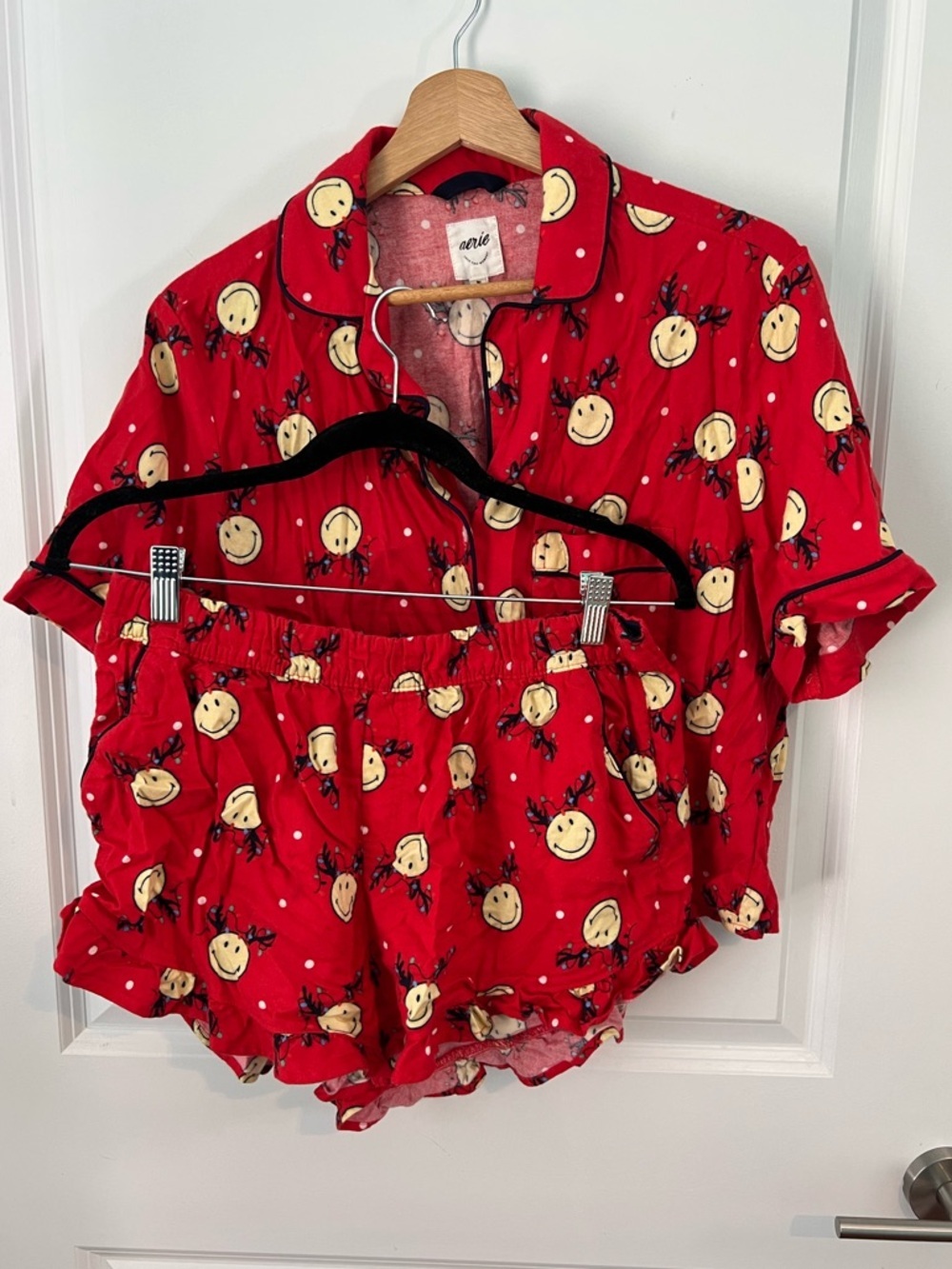 Aerie Smiley® Flannel Pajama Shirt + Ruffle Shorts Holiday Red Christmas PJ Set - Picture 11 of 13